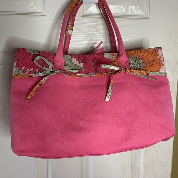 NWOT Caribbean Joe hot pink canvas with tropical prints beach tote . - Picture 2 of 13